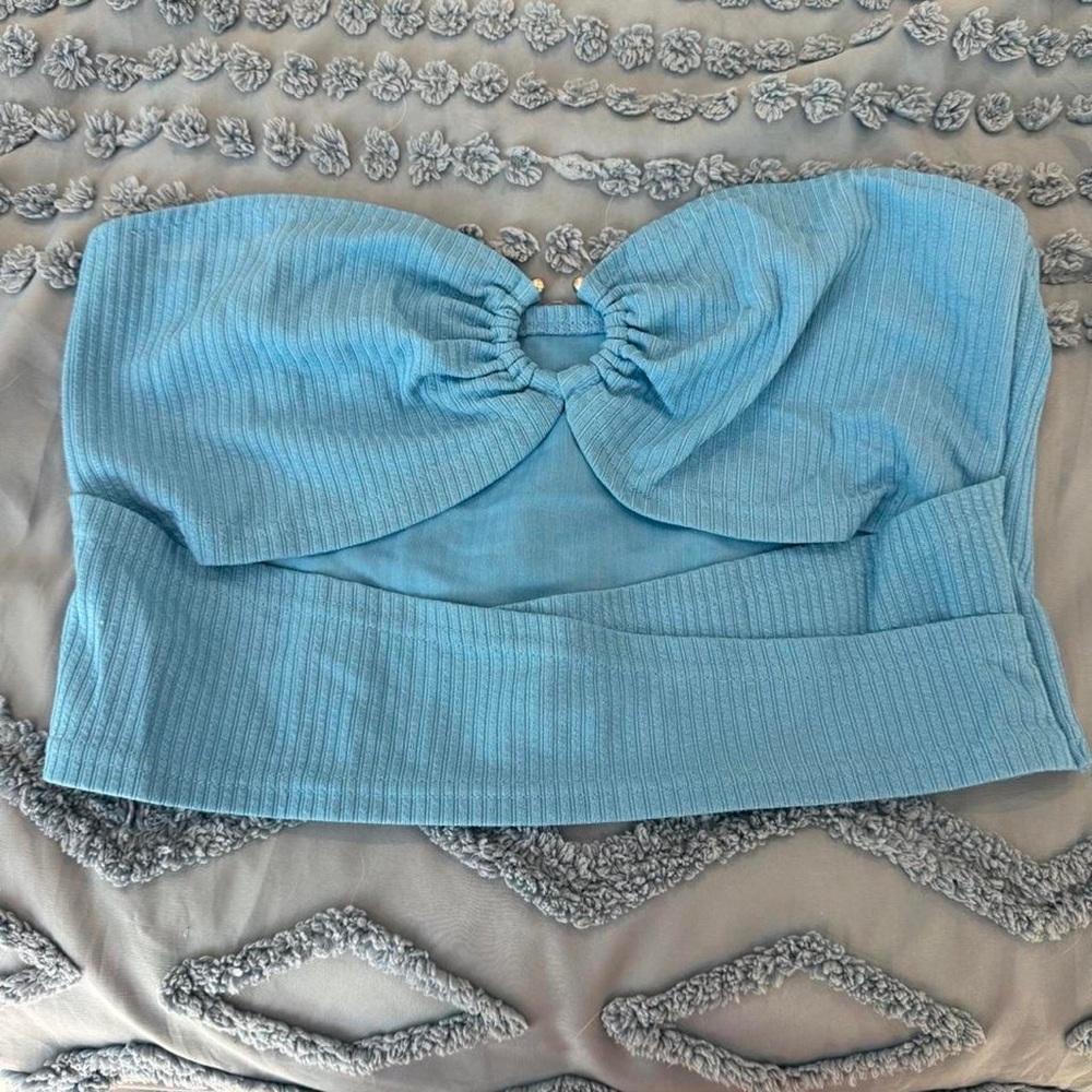 SHEIN Light Blue Strapless Tie-Front Ribbed Crop Top